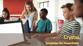  Presentation with school computer labs - Colorful presentation enhanced with students using computer in classroom backdrop and a tawny brown colored foreground