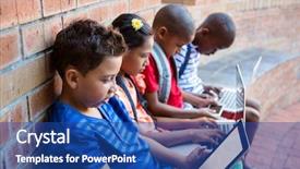  Presentation with school technology - Slides having students using digital tablet background and a ocean colored foreground