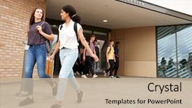  Presentation with high school students - PPT theme enhanced with students walking out of college background and a mint green colored foreground