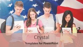  Presentation with stars stripes - Amazing theme having students with backpacks looking at their tablets against american flag with stars and stripes backdrop and a coral colored foreground