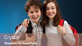  Presentation with backpacks - Beautiful theme featuring students with backpacks backdrop and a coral colored foreground