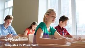  Presentation with learning - Colorful presentation enhanced with students with books writing school backdrop and a coral colored foreground