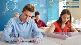  Presentation with virtual learning - Cool new slide deck with students with books writing school backdrop and a light blue colored foreground