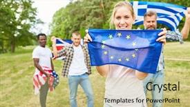  Presentation with students - Cool new slide set with students with different national flags backdrop and a mint green colored foreground