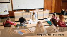  Presentation with amphitheater - Amazing slide set having students-with-female-teacher backdrop and a coral colored foreground