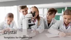  Presentation with biology - Audience pleasing theme consisting of students with microscope studying biology backdrop and a light gray colored foreground