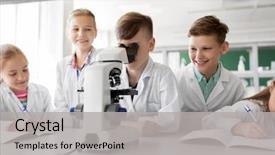  Presentation with biology - Colorful presentation design enhanced with students with microscope studying biology backdrop and a light gray colored foreground