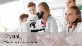  Presentation with children education - Colorful PPT layouts enhanced with students with microscope studying biology backdrop and a light gray colored foreground