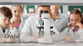  Presentation with biology - Theme enhanced with students with microscope studying biology background and a light gray colored foreground