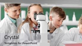  Presentation with children education - Colorful PPT layouts enhanced with students with microscope studying biology backdrop and a light gray colored foreground
