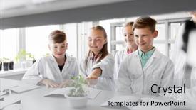  Presentation with plant science - Presentation design featuring students with plant at biology background and a light gray colored foreground