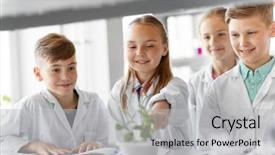  Presentation with science plant - Slide set having students with plant at biology background and a light gray colored foreground