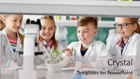  Presentation with plant science - Amazing PPT layouts having students with plant at biology backdrop and a light gray colored foreground