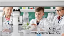  Presentation with science plant - PPT theme consisting of students with plant at biology background and a light gray colored foreground