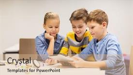  Presentation with education children technology science - Slide deck featuring students with tablet pc computer background and a  colored foreground