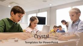  Presentation with education children technology science - Presentation theme featuring students with tablet pc computer background and a coral colored foreground