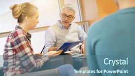  Presentation with teacher and students - PPT theme featuring students with teacher in lounge background and a ocean colored foreground