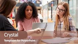  Presentation with college students - Amazing PPT theme having students working in communal area backdrop and a coral colored foreground