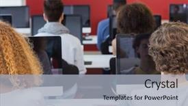  Presentation with technology students - Audience pleasing slide deck consisting of technology classrooms - students working in computer class backdrop and a light gray colored foreground