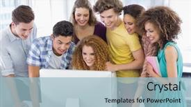  Presentation with computer room - Colorful slide set enhanced with students working in computer room backdrop and a  colored foreground