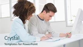  Presentation with college students - PPT theme with students working together in class background and a  colored foreground