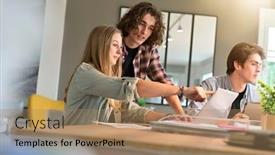  Presentation with working together - Amazing slide set having students-working-together-on-school backdrop and a coral colored foreground