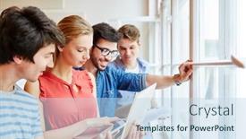  Presentation with team working together - PPT theme enhanced with students-working-together background and a light blue colored foreground