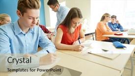  Presentation with teaching and learning - Beautiful PPT theme featuring students writing test or exam backdrop and a  colored foreground