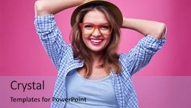  Presentation with tv show studio camera - Slide set with studio female isolated over pink background and a  colored foreground