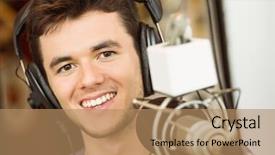  Presentation with radio news - Slides having media school news - portrait of an university student background and a coral colored foreground