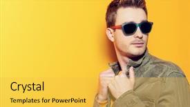  Presentation with beauty salon men - Amazing slide deck having studio over the yellow background backdrop and a  colored foreground