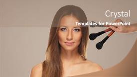  Presentation with process - Slide deck having studio photo of make-up process over grey background background and a coral colored foreground