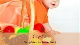  Presentation with costume - PPT theme having studio portrait of a cutte baby wearing a costume of a squirrell with a basket full of fruit background and a coral colored foreground