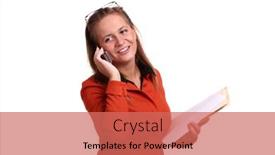  Presentation with files - Slides consisting of studio portrait of a young smiling business woman holding files talking on the cell phone isolated over white background background and a coral colored foreground