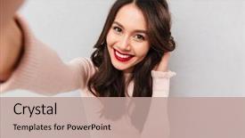  Presentation with selfie - Colorful presentation design enhanced with studio portrait of beautiful woman backdrop and a coral colored foreground