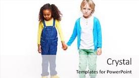  Presentation with african children - Slide deck enhanced with studio portrait of children against white background full body shot of two kids african girl and blond boy standing together holding hands both looking guilty and displeased background and a pink colored foreground