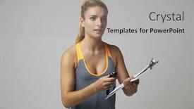  Presentation with sports coach - Presentation theme having studio portrait of female sports coach with clipboard background and a light gray colored foreground