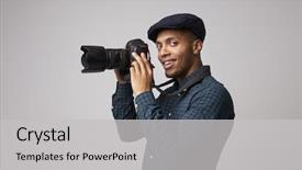  Presentation with tv show studio camera - Audience pleasing slides consisting of studio portrait of male photographer backdrop and a  colored foreground