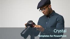  Presentation with tv show studio camera - Theme enhanced with studio portrait of male photographer background and a  colored foreground