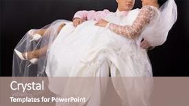  Presentation with white wedding - Slide set featuring studio portrait of wedding couple groom sitting on chair and holding his bride who is wearing romantic white wedding dress looking at each other background and a coral colored foreground