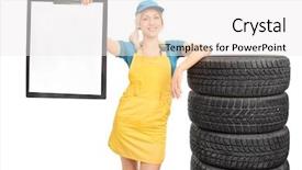  Presentation with female mechanic - Beautiful presentation design featuring studio shot of a beautiful blond female mechanic leaning on a stack of tires and holding a clipboard with a blank paper on it isolated on white background backdrop and a white colored foreground