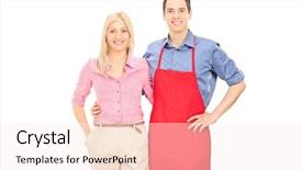  Presentation with apron - PPT theme with studio shot of a man with a red apron posing with his blond girlfriend isolated on white background background and a sky blue colored foreground