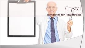  Presentation with optometrist - Amazing slide set having studio shot of a mature optometrist holding a pair of glasses and a clipboard with a blank paper on it isolated on white background backdrop and a sky blue colored foreground