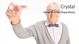  Presentation with studio - Cool new slide deck with studio shot of a mature teacher writing something with a red pencil isolated on white background with the focus on the pencil backdrop and a sky blue colored foreground