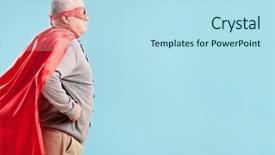 Presentation with superhero - Colorful PPT theme enhanced with studio shot of a senior in a superhero outfit on blue background backdrop and a light blue colored foreground