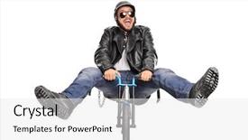  Presentation with studio - Beautiful slide set featuring studio shot of a silly young biker riding a very small bicycle and smiling isolated on white background backdrop and a white colored foreground
