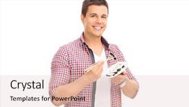  Presentation with sushi - Cool new slides with studio shot of a young man eating sushi with chinese sticks and looking at the camera isolated on white background backdrop and a lemonade colored foreground