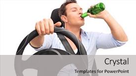  Presentation with driving - Slide set with studio shot of a young irresponsible driver driving and drinking a beer isolated on white background background and a light gray colored foreground