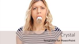  Presentation with cigarettes - Slide deck enhanced with studio shot of a young woman with a bunch of cigarettes in her mouth isolated on white background background and a soft green colored foreground
