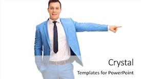  Presentation with fancy - Amazing slide deck having studio shot of an elegant young man in a fancy blue suit pointing right with his hand isolated on white background backdrop and a white colored foreground